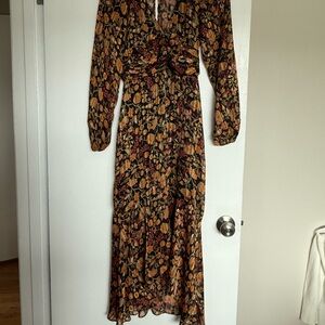 MINKPINK Brown and Gold Wrap Pleated Gown with Long Bishop Sleeves